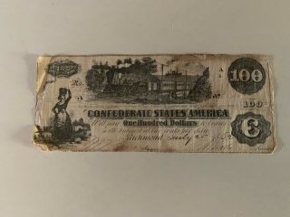 1862 $100 Dollar Confederate States Of America Currency Richmond.  The Train.