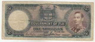 Fiji 5 Shillings 1951 Issue Banknote P37k In Vg To Fine