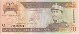 Dominican Republic P169c 20 Pesos Oro 2003 Prefix Jw,  Very Low Serial Nbr,  Unc