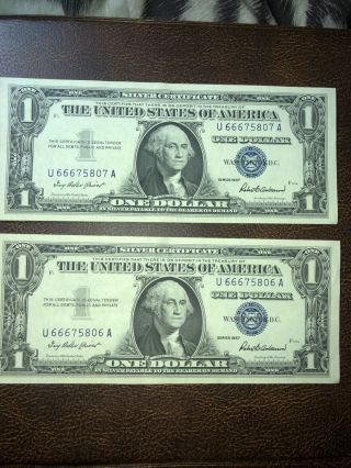 2 - 1957 Silver Certificate Note One Dollar Bills - Blue Seal - Consecutive Order