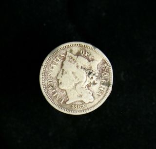 1867 Usa Three 3 Cent Nickel Vg,  Plugged