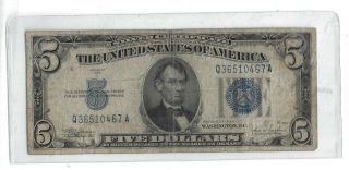 1934 C Five Dollar Bank Note From Usa Silver Certificate Blue Seal