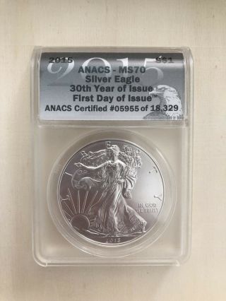 2015 $1 American Silver Eagle Anacs Ms70 First Day Issue Label Coin