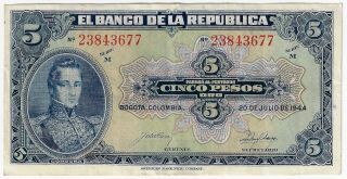 Banco De La República Colombia 5 Pesos Oro 20.  7.  1944 Issue Pick 386c Banknote