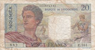 20 Francs Vg Banknote From French Caledonia 1954 - 58 Pick - 50