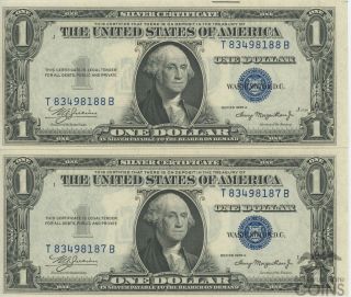 Set Of 2: Consecutive 1935 A $1 Silver Certificate Blue Seal Washington Dollar