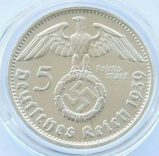 German Coin 5 Mark Reichsmark 1939 D Swastika Hindenburg Silver 3rd Reich Ww2