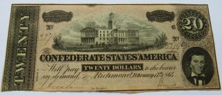 1864 $20 Confederate States Of America Note,  Civil War Currency (301724g)