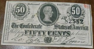 1864 Fifty Cents Confederate States Note Bill Richmond