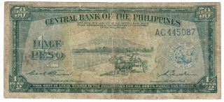 Central Bank Of The Philippines 1949 Nd " English " Issues 1/2 Peso Pick 132a