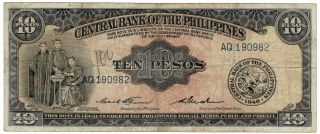 Central Bank Of The Philippines 1949 Nd " English " Issues 10 Pesos Pick 136