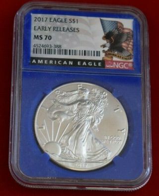 2017 Silver American Eagle Early Release Ngc Ms70 Blue Slab - 388 -