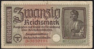 1940 - 1945 20 Reichsmark Germany Nazi Wwii Money Swastika 3rd Reich Banknote F