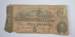 Civil War 1864 $5.  00 Confederate States Horse Blanket Note 653