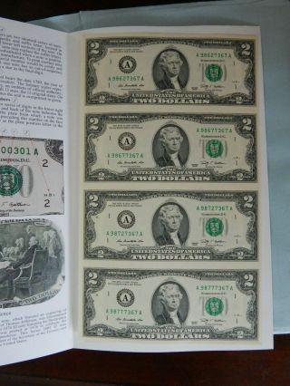 Uncut Sheet Of 4 Series 2009 2 Dollar Bills From Bureau Of Engraving And Printin