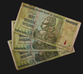 3 X Zimbabwe 10 Trillion Dollar Banknote/2008/aa - Lower Grade / Very
