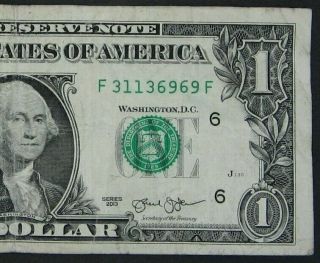 2013 $1 (one Dollar) – Note,  Bill - Fancy Serial Number " 3113 6969 "