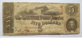 Confederate States Of America: 1863 Five Dollar ($5) Note,  Richmond,  Virginia