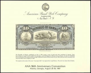 U.  S.  A.  Souvenir Card So - 057 - Republic Of Hawaii $10 Silver - Ana 