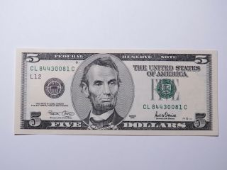 2001 $5 Federal Reserve Note - Five Dollar Frn - Unc