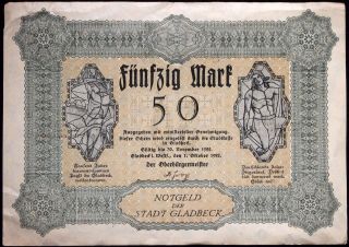 Gladbeck 1922 Rare 50 Mark Early Inflation Notgeld German Banknote