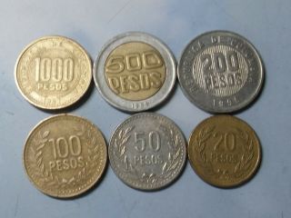Colombia Set Of 6 Coins 1000 (1997),  500,  200,  100,  50,  20 Pesos 1991 - 1997