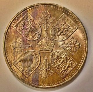 1953 Great Britain Five Shillings Crown Bu Unc Color Toned Coin 5
