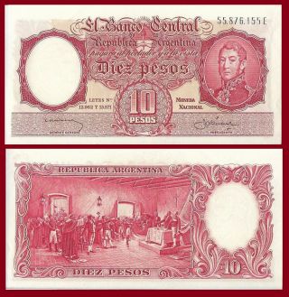 Argentina P270a,  10 Pesos,  Gen José De San Martín / Declaration Of Indep.  1959