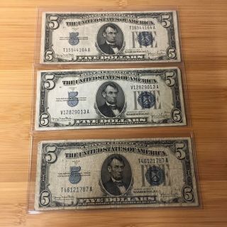 1934 Blue Seal Bill $5 • Five Dollar Silver Certificate Note • Buying 1 Bill Vg