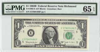 United States 1963b Fr.  1902 - E Pmg Gem Unc 65 Epq 1 Dollar Richmond Frn