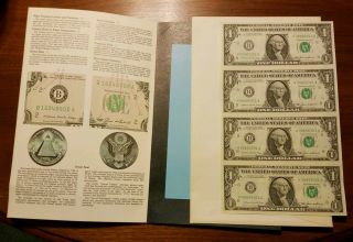Uncut Sheet Of 4 Series 1985 $1 Dollar Bills Federal Reserve W/ 3 Mail Slip