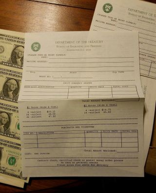 Uncut Sheet of 4 Series 1985 $1 Dollar Bills Federal Reserve w/ 3 mail slip 2