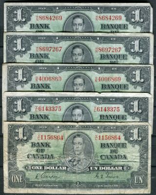 5 Copies George Vi One Dollar Bills,  Poor To (h/n O/n Y/l)