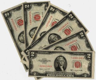 1953 $2.  00 Two Dollar Red Seal United States Star Notes Avg Circulated