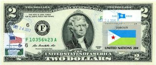 Us $2 Dollars 2013 Stamp Cancel Flag Of Un From Djibouti Lucky Money Value $99