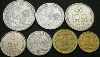 Comoros 1,  2,  5,  10,  20,  50,  100 Francs 1964/1977/1994 - 7 Coins - 957 ¤