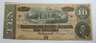 T68 $10 Ten Dollars Confederate States Of America Dated Feb 17th,  1864 Cannon