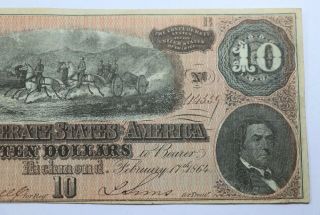 T68 $10 Ten Dollars Confederate States of America Dated Feb 17th,  1864 Cannon 3