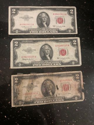 1953 B Series U.  S.  $2 Two Dollar Bill With Red Seal Quality Of 3