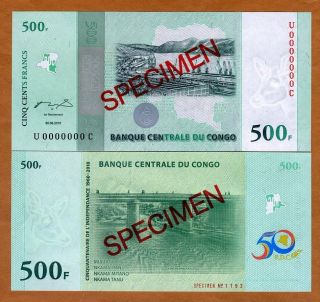 Specimen,  Congo D.  R.  500 Francs,  2010 P - 100s,  Unc Commemorative