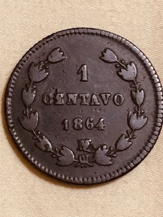 Imperial Era Mexico 1864 One Centavo Maximilian Rare One Year Type Vf,