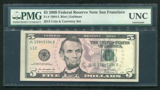 Fr.  1994 - L 2009 $5 Frn Federal Reserve Note “2012 Coin & Currency Set” Pmg Unc