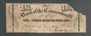 $1.  75 Dollar Commonwealth Bank Note Bill Obsolete Va Currency
