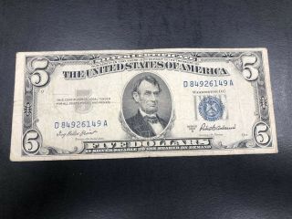 1953 - A U.  S $5 Five Dollar Blue Seal Bill Silver Certificate Early One 149