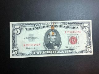 1963 Red Seal U.  S $5 Five Dollar Bill Bank Note - One 649