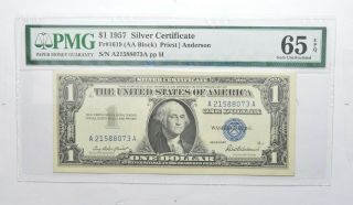 $1 1957 Silver Certificate Pmg 65 Epq Gem,  Fr 1619 (aa Block) 025