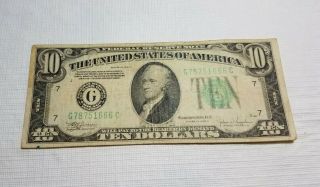 Us 1934 C $10 Ten Dollar Bill Federal Reserve Green Seal Chicago