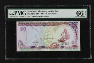 2008 Maldives Monetary Authority 20 Rufiyaa Pick 20c Pmg 66 Epq Gem Unc
