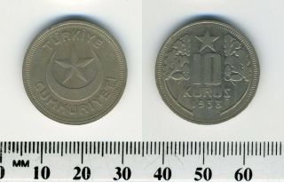 Turkey 1938 - 10 Kurus Copper - Nickel Coin - Star And Crescent - 2