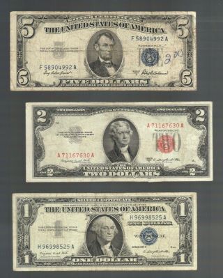 $5 $1 Dollar Usa Silver Certificates $2 Legal Tender Note Red Seal Bill Currency